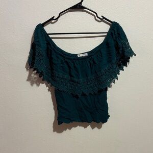 Joie Teal Off-Shoulder Blouse with Lace Detail